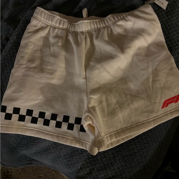 PacSun Formula One White Athletic Shorts with Black Checkered Design - Picture 1 of 5